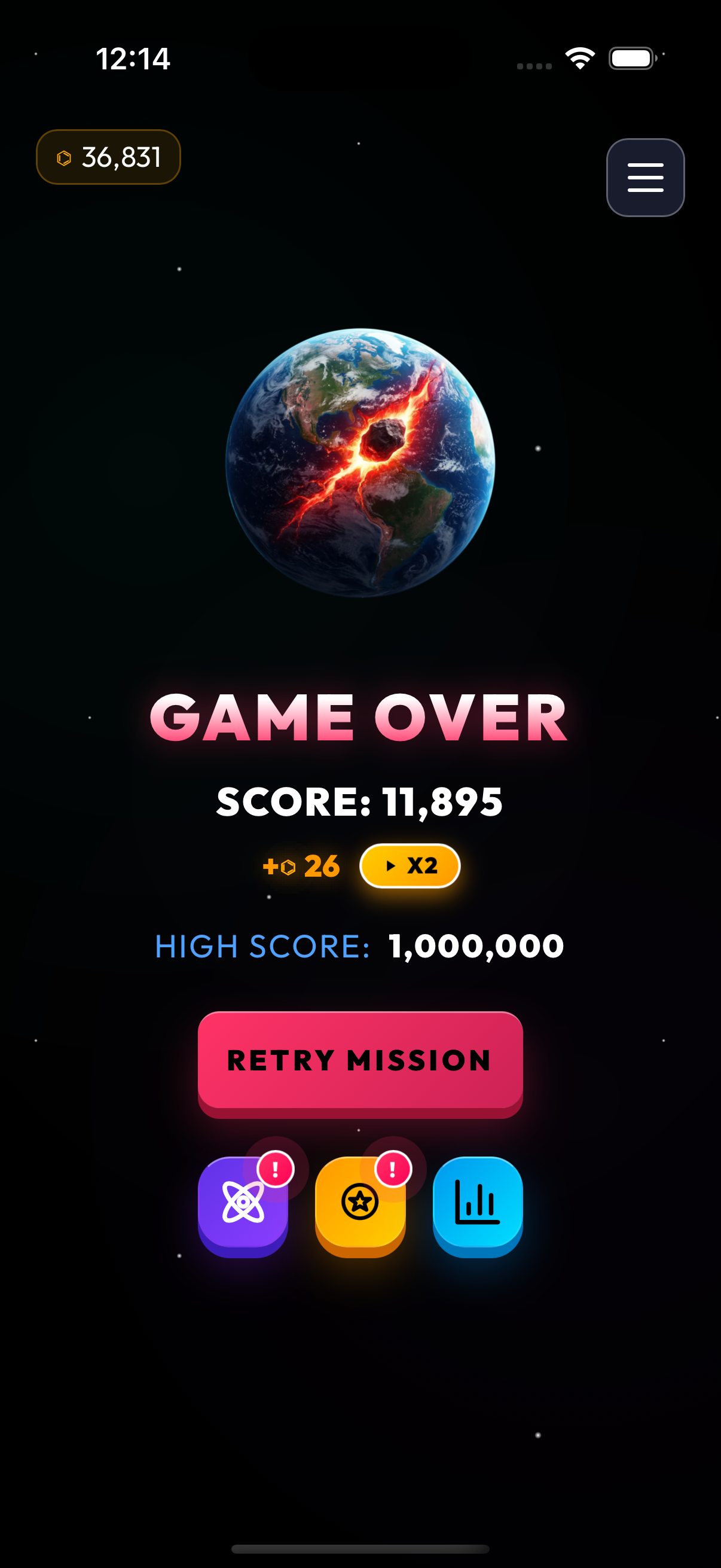 Orbital Defense game-over screen